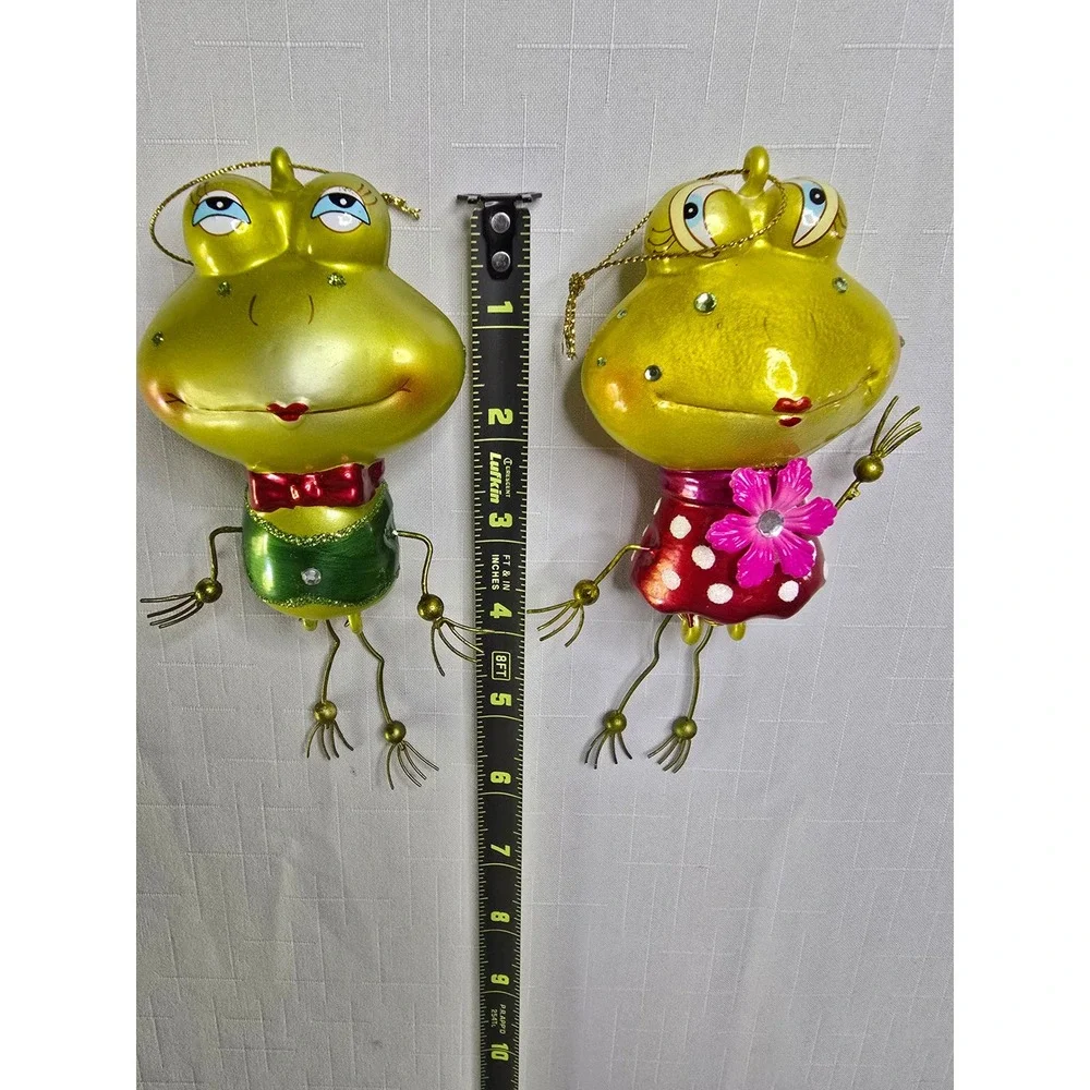 Vintage Style Glass Frog Ornaments Pair Green Red Polka Dot Rhinestone Whimsical